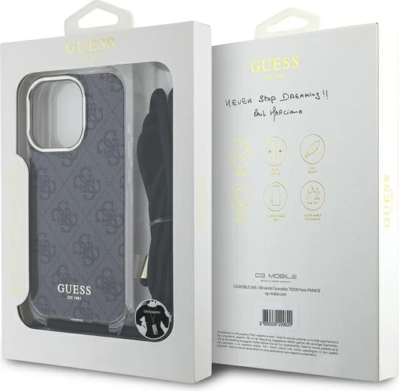 Mbështjellës Guess Crossbody Cord 4G Print për iPhone 16 Pro Max, i zi
