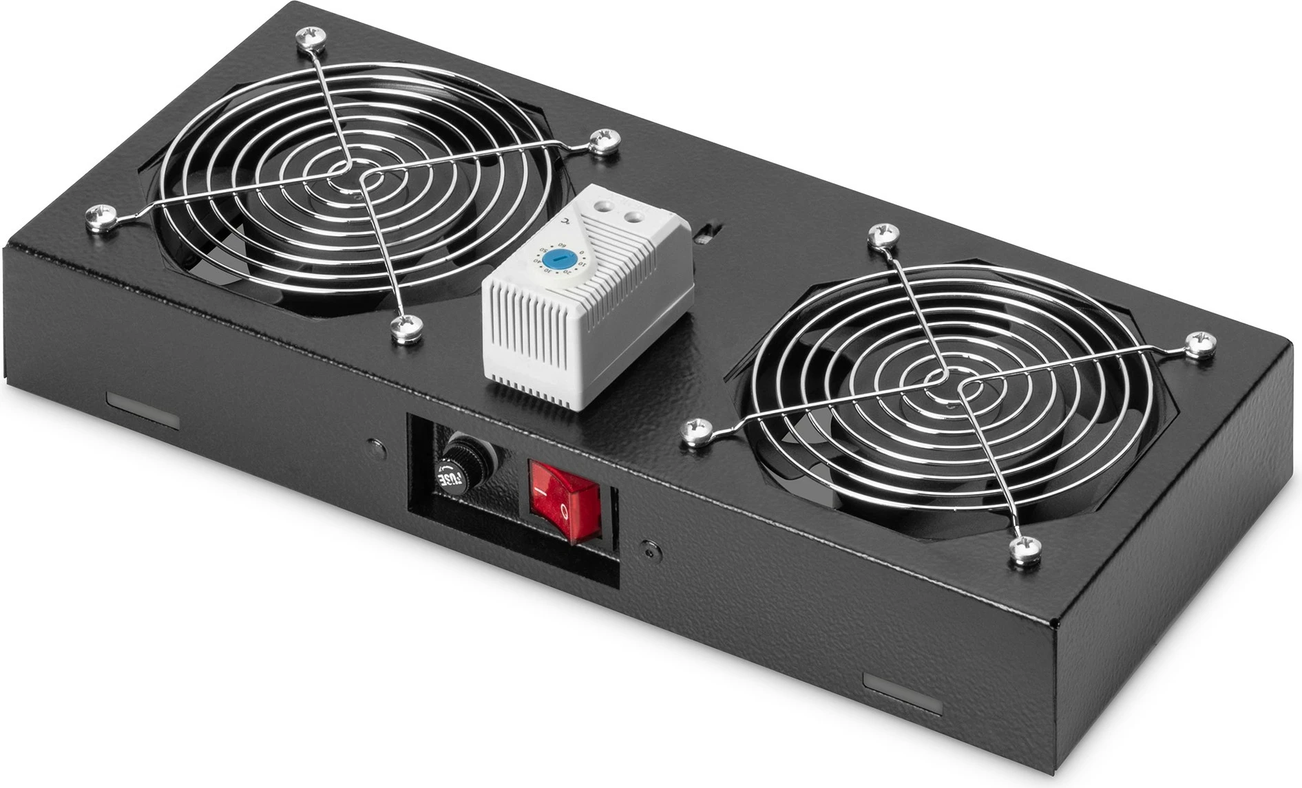 Ventilator tavanor Digitus për kasë rrjeti 19", 2 ventilatorë, termostat, i zi