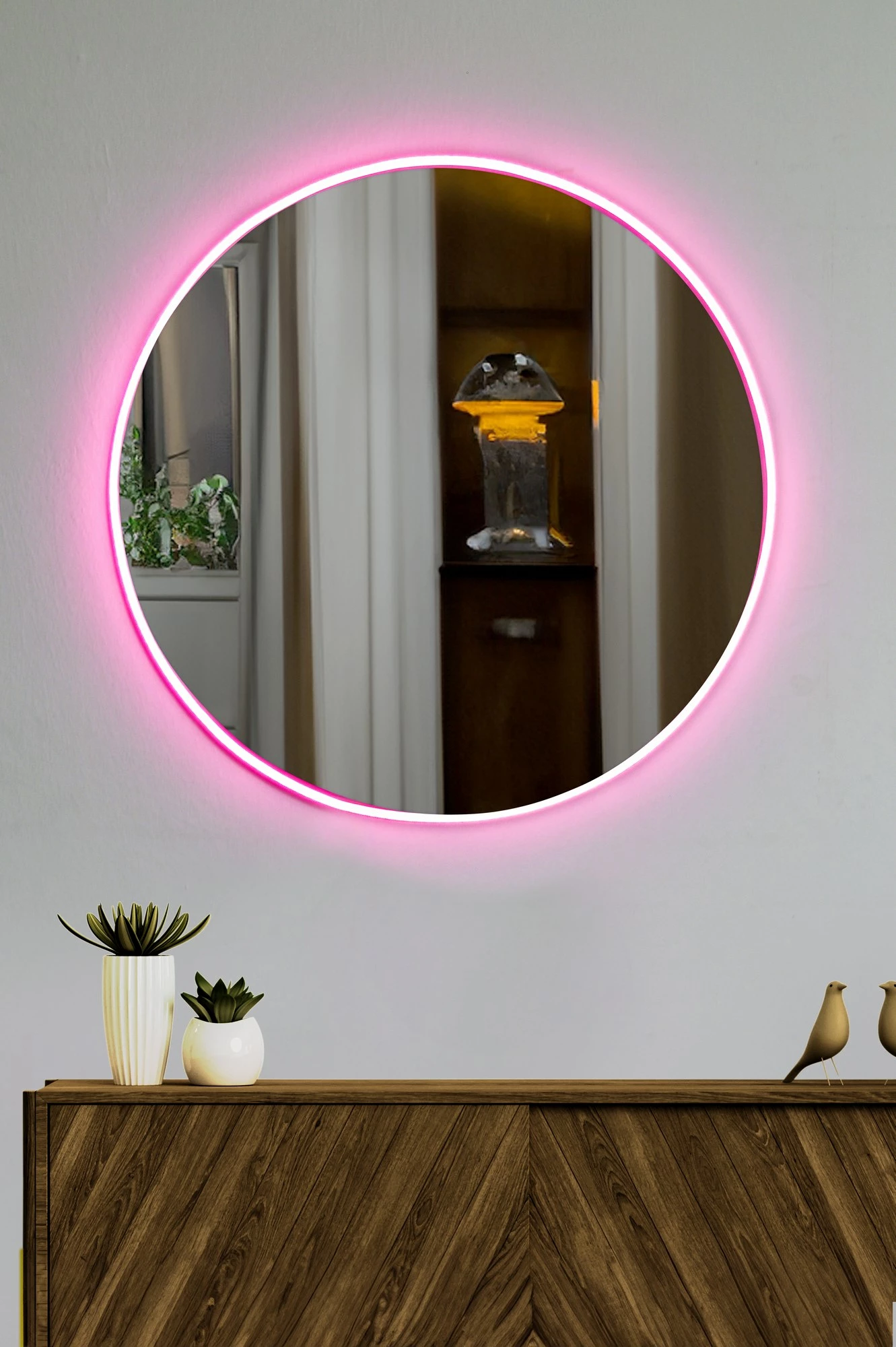 Pasqyrë me ndriçim LED, rrethore, ngjyrë rozë, Skye Decor, diametër 60cm