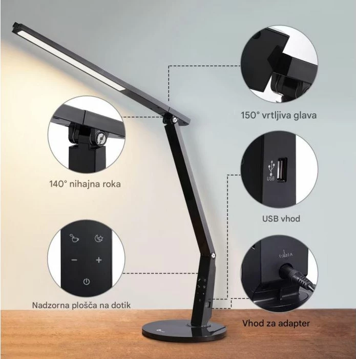 Llambë tavoline LED TaoTronics Stella TT-DL10, 4 mënyra ndriçimi, dimmable, USB 5V/1A, 70 cm, e zezë