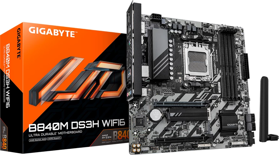 Pllakë amë GIGABYTE B840M DS3H WIFI6 AM5 mATX 4x DDR5 Wi‑Fi 6 Bluetooth 5.3 2.5GbE