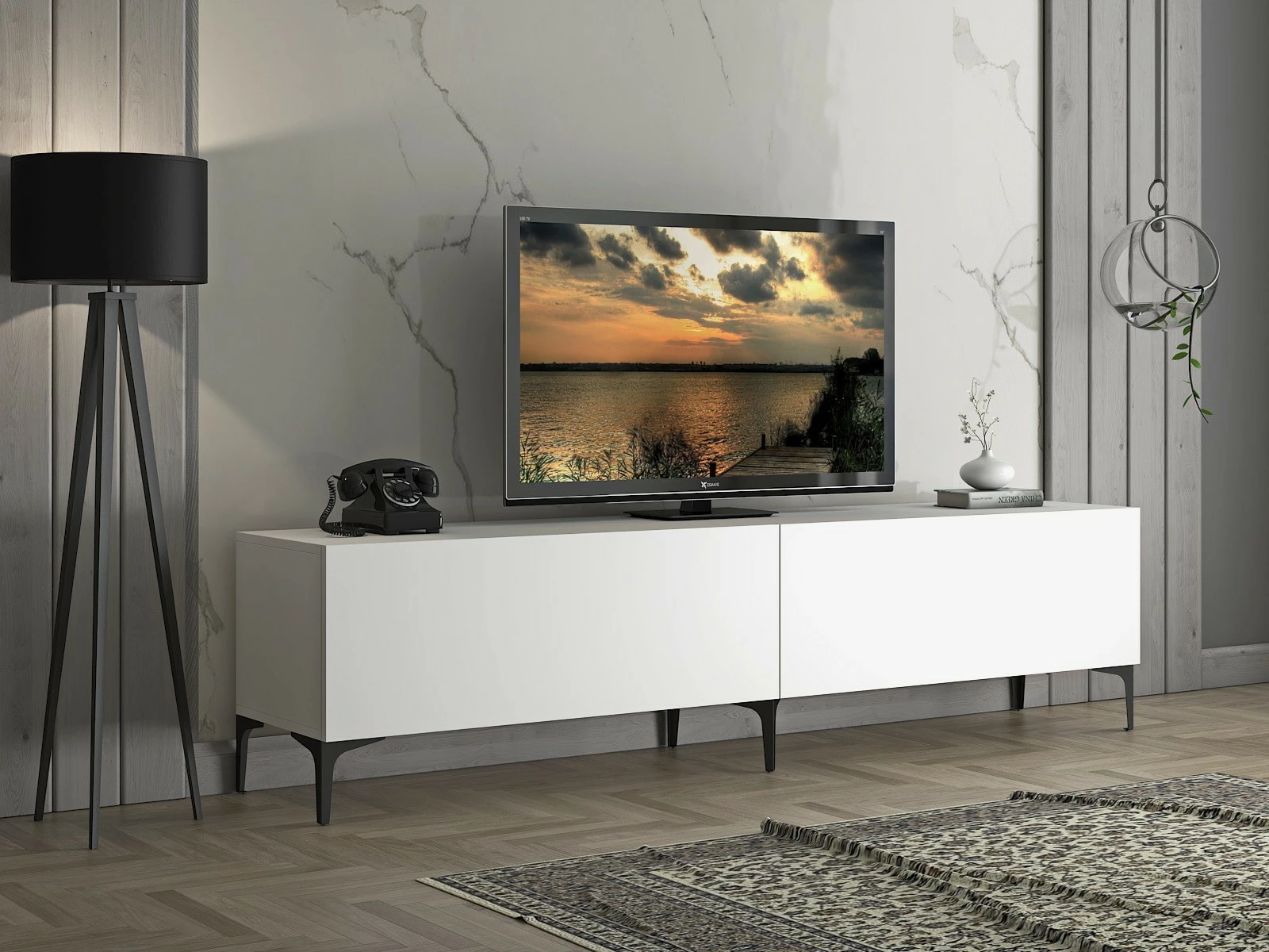 Komodë TV Hanah Home, FRN-12003, e bardhë, këmbë metalike, 200x47x40cm