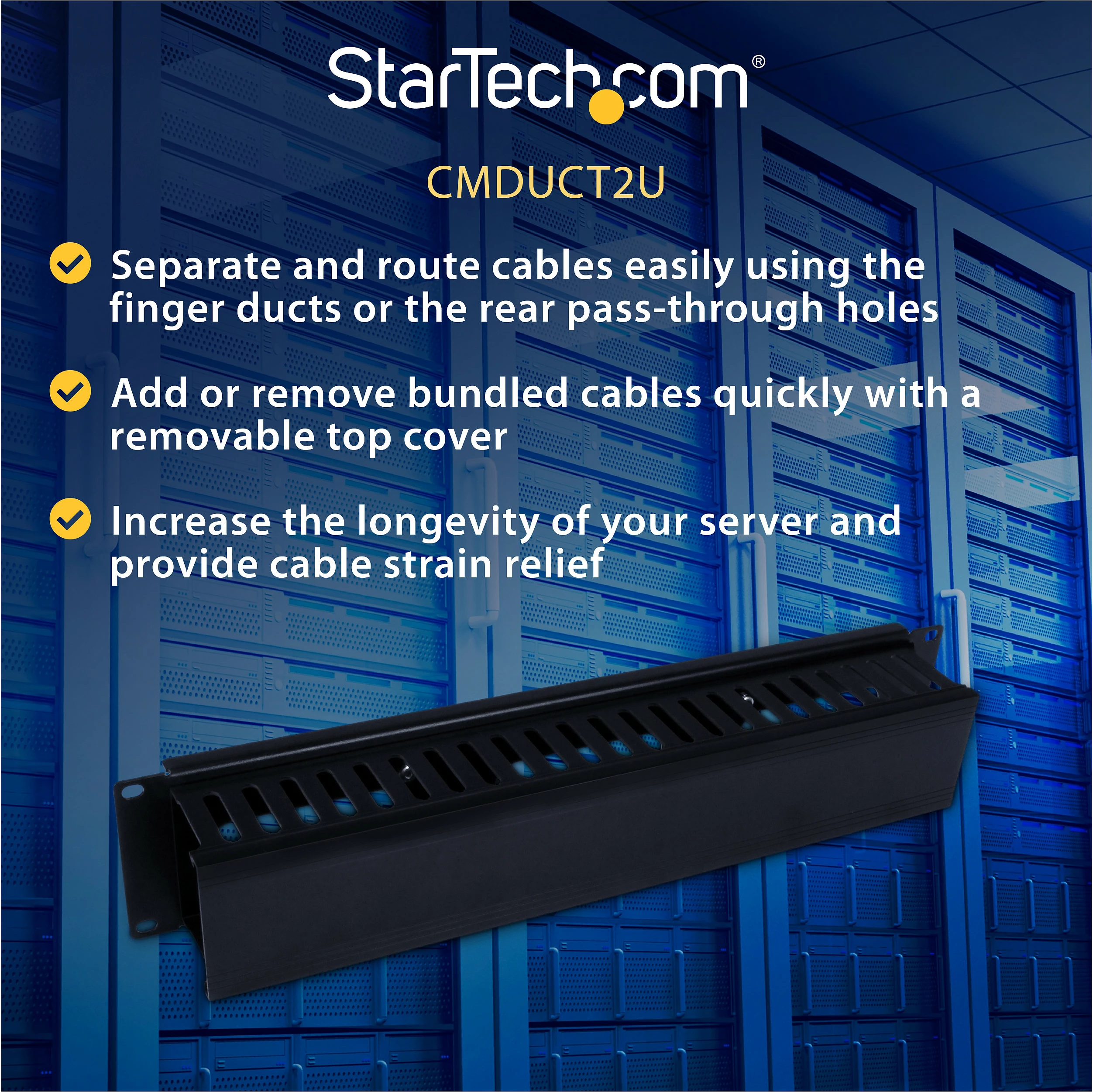 Panel menaxhimi kabllove rack StarTech 2U Finger Duct horizontal me kapak, 19", i zi