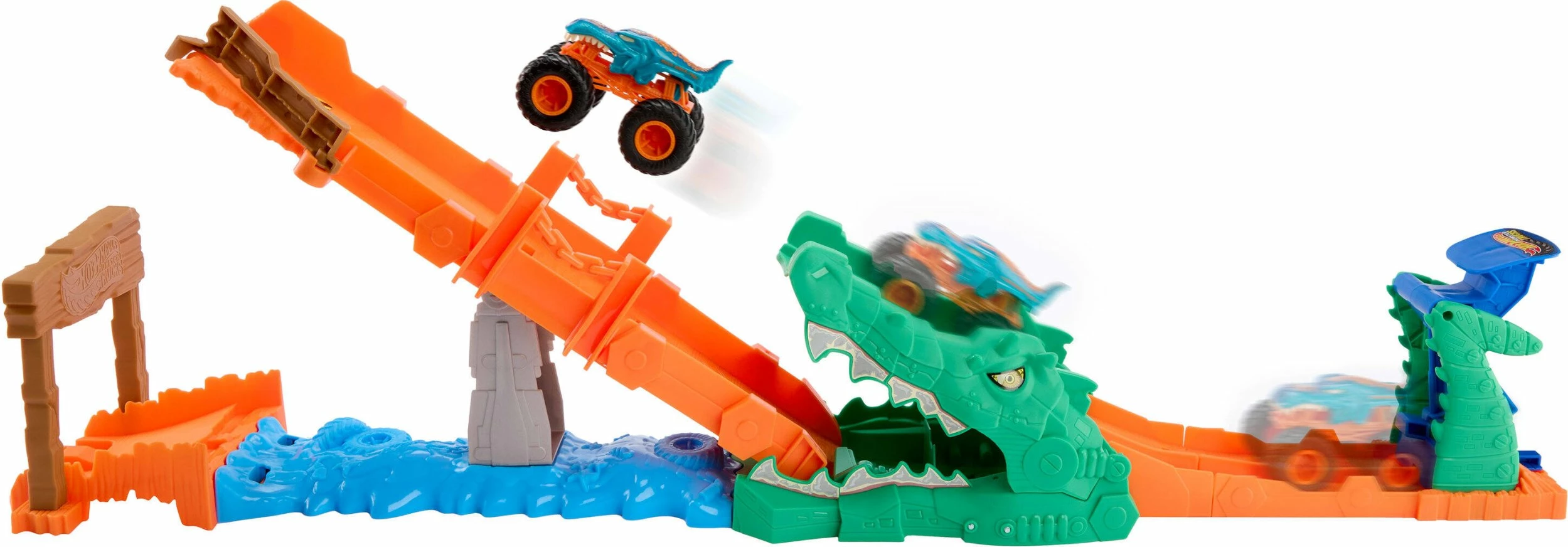 Set pistë makinash Hot Wheels Monster Trucks Rally Challenge JJN45, 1:64, me launcher, 1 makinë Mega-Wrex