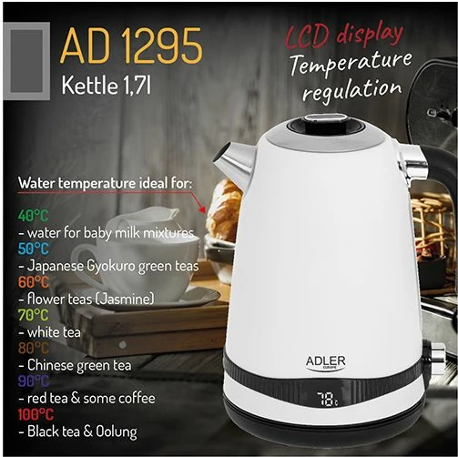 hervues uji elektrik ADLER AD1295w 1.7L LCD, rregullim temperature 40-100°C, 1850-2200W, bardhë/zezë