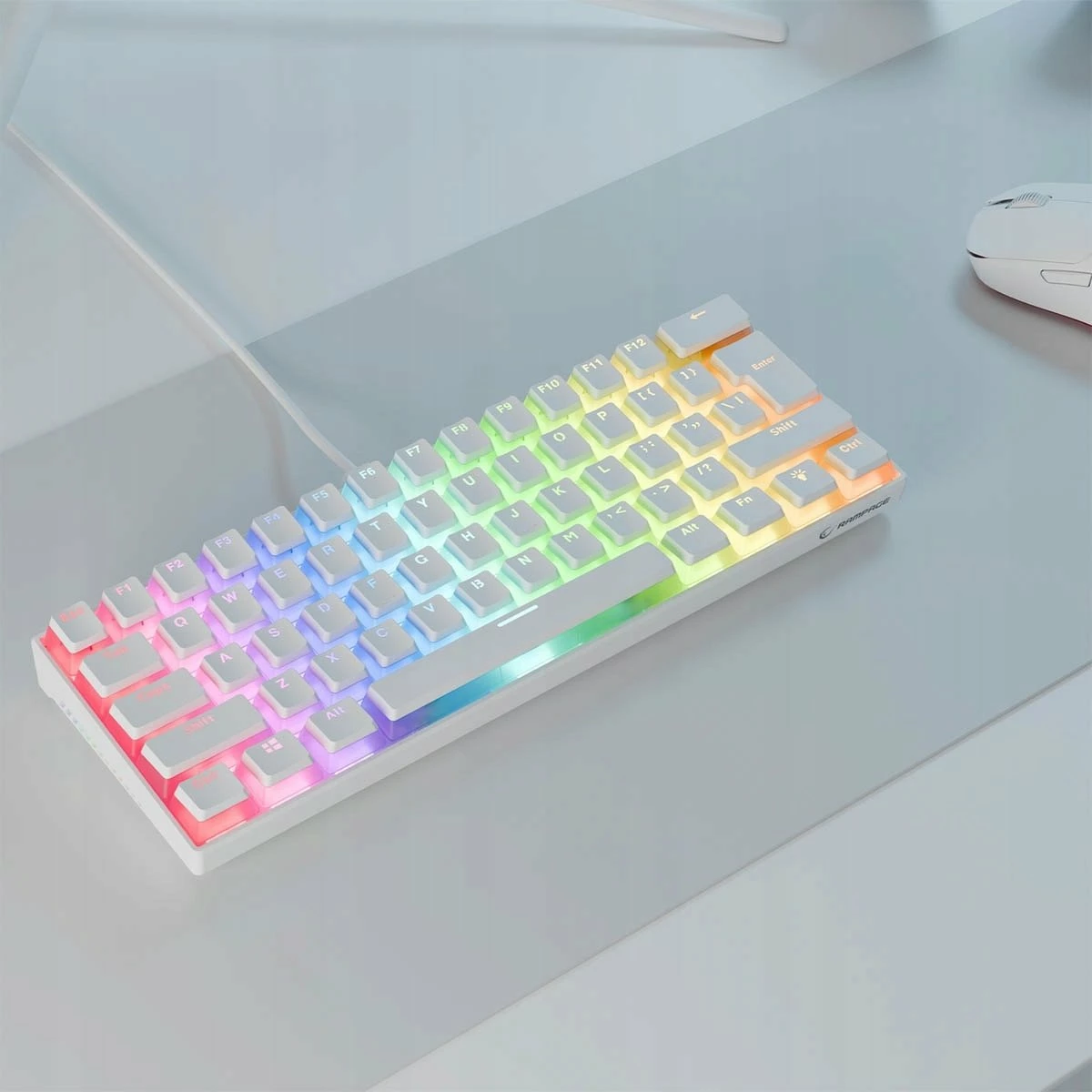 Tastierë gaming mekanike Rampage Radiant K11 60% RGB Blue Switch, e bardhë, me kabllo USB-C