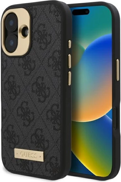 Mbështjellës Guess 4G Logo Plate MagSafe për iPhone 16 Plus, Zi