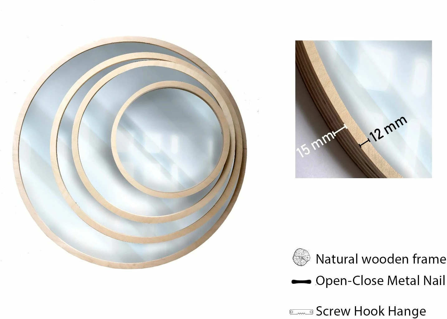 Set dekorativ me piktura MDF të kornizuara dhe pasqyra (4 copë), Wallity, Roundmirrorset - 0001