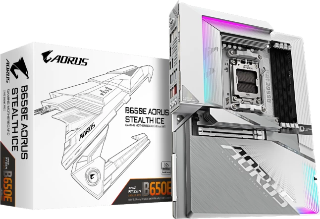 Pllakë amë GIGABYTE B650E AORUS STEALTH ICE, AM5, ATX, DDR5, Wi‑Fi 7, 2.5GbE, e bardhë