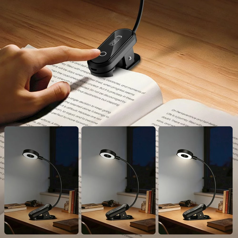 Llambë leximi me klip Tech-Protect LL100, 10 LED, 3 ngjyra drite, USB-C, kabllo USB-A/USB-C 30 cm, e zezë