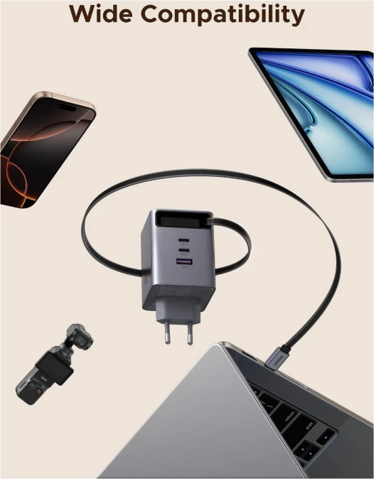 Karikues USB-C GaN UGREEN X616 (65828) 100W me kabllo tërheqëse 0.75 m, 4 porta, gri