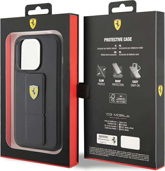 Mbështjellës Ferrari Grip Stand Metal Logo për iPhone 15 Pro Max, i zi