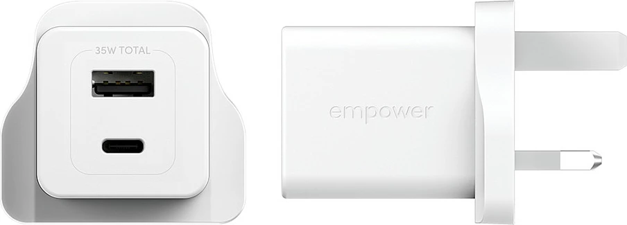 Karikues PanzerGlass empower Turbo 35W, USB-C + USB-A, prizë UK, i bardhë