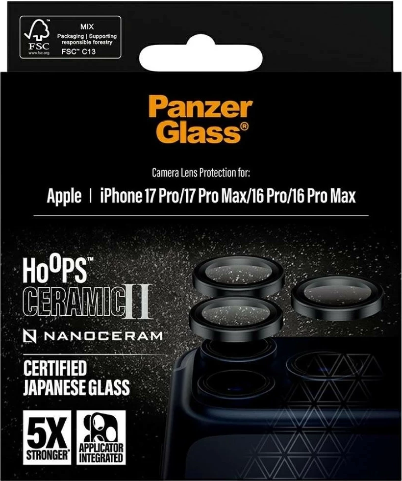 Mbështjellës kamerë PanzerGlass Hoops Ceramic II për iPhone 16 Pro/16 Pro Max/17 Pro/17 Pro Max, e zezë