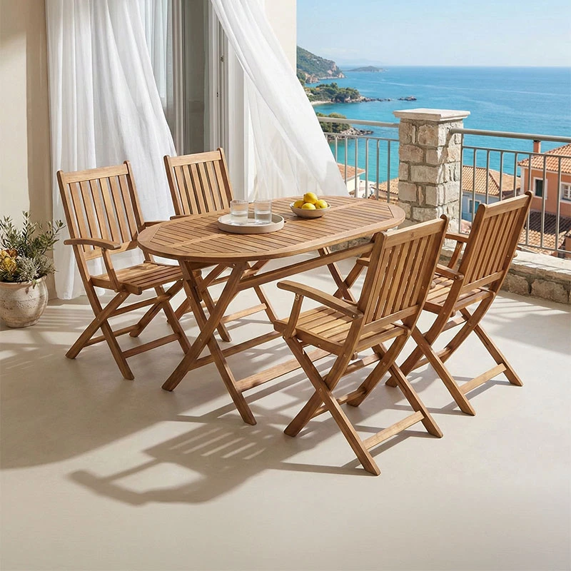 Tavolinë me karrige për terasë Mobie-Falov, dru akacie natyrale, set prej 5 copësh, 130x80x72cm