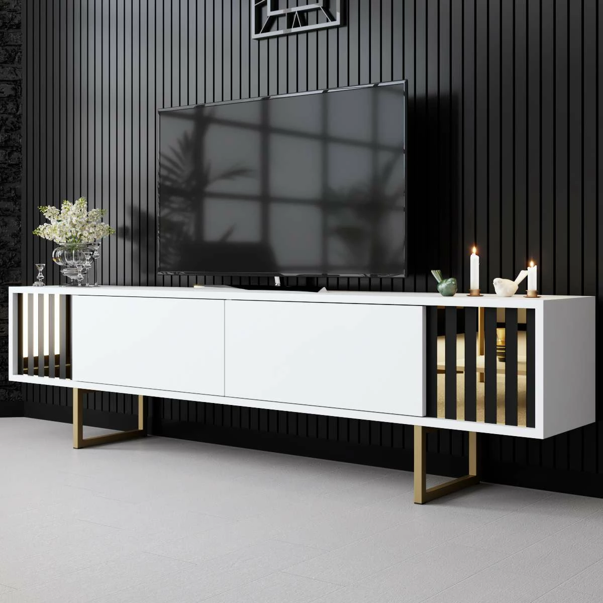 Komodë TV Hanah Home, Gold Line, e bardhë dhe e artë