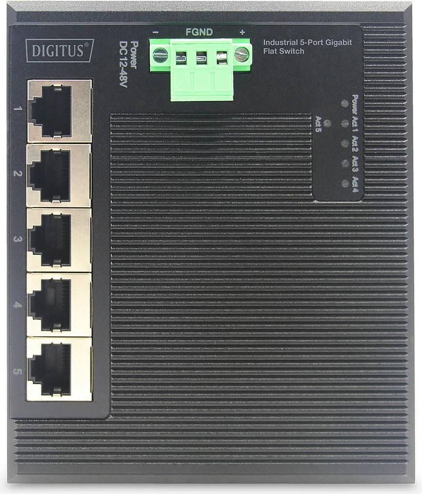 Switch Digitus Industrial Flat, 5-Port Gigabit Ethernet, DIN rail/Wall/Rack, metal, IP40