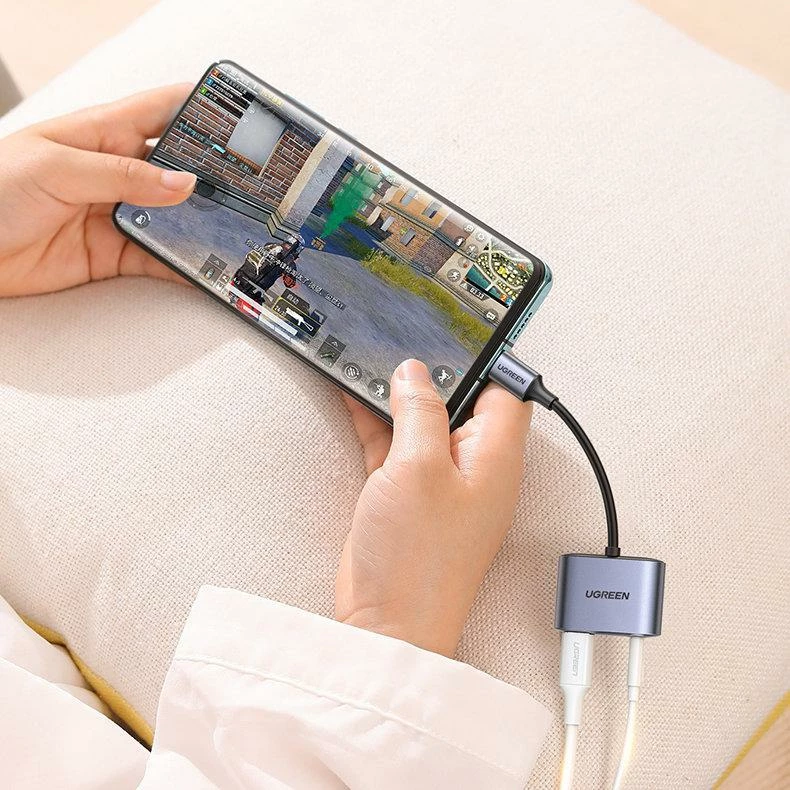 Adapter AV Ugreen CM231 USB-C në 3.5mm + USB-C, PD/QC 30W, gri