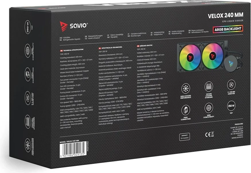 Komplet ftohës me ujë për kasë, Savio VELOX 240MM, 2x12 cm, RGB, i zi