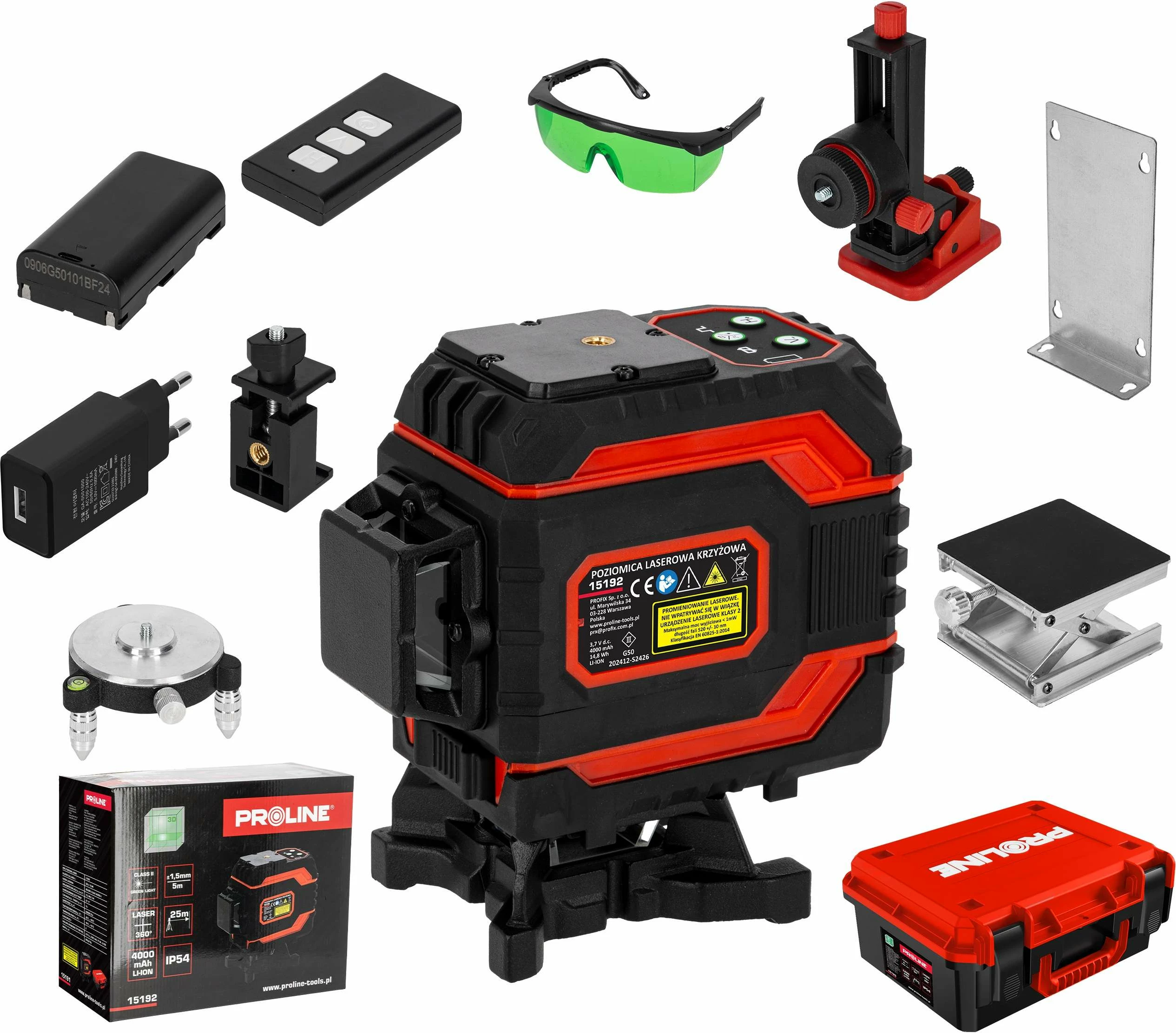 Nivel lazer 360° PROLINE 15192, 25 m, 3 rreze jeshile, bateri 4000 mAh, set me aksesorë