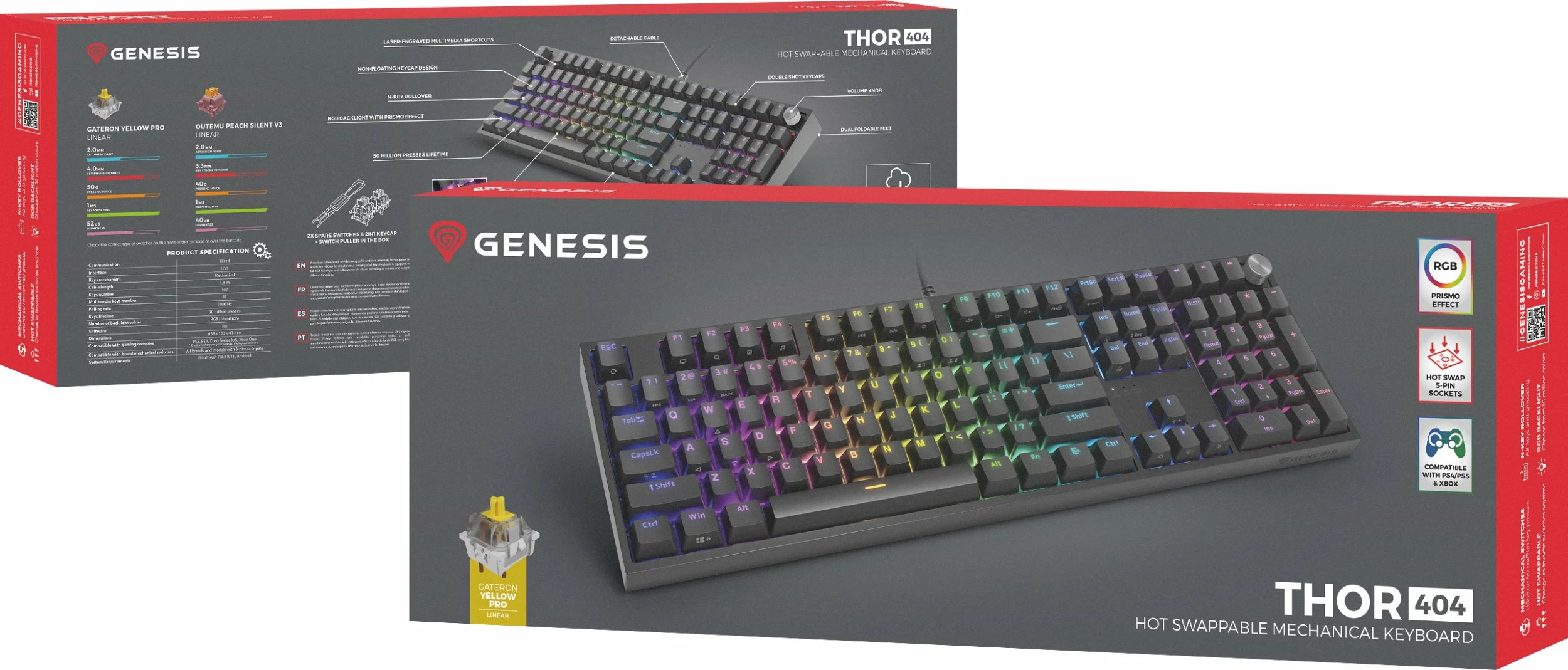 Tastierë mekanike gaming GENESIS Thor 404 NKG-2297, Gateron Yellow Pro, 100% full-size, RGB, USB, US layout, e zezë