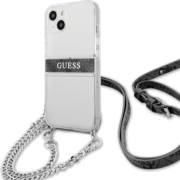 Mbështjellës Guess GUHCP13SKC4GBSI për iPhone 13 mini 5.4", transparent, me rrip dhe zinxhir argjendi