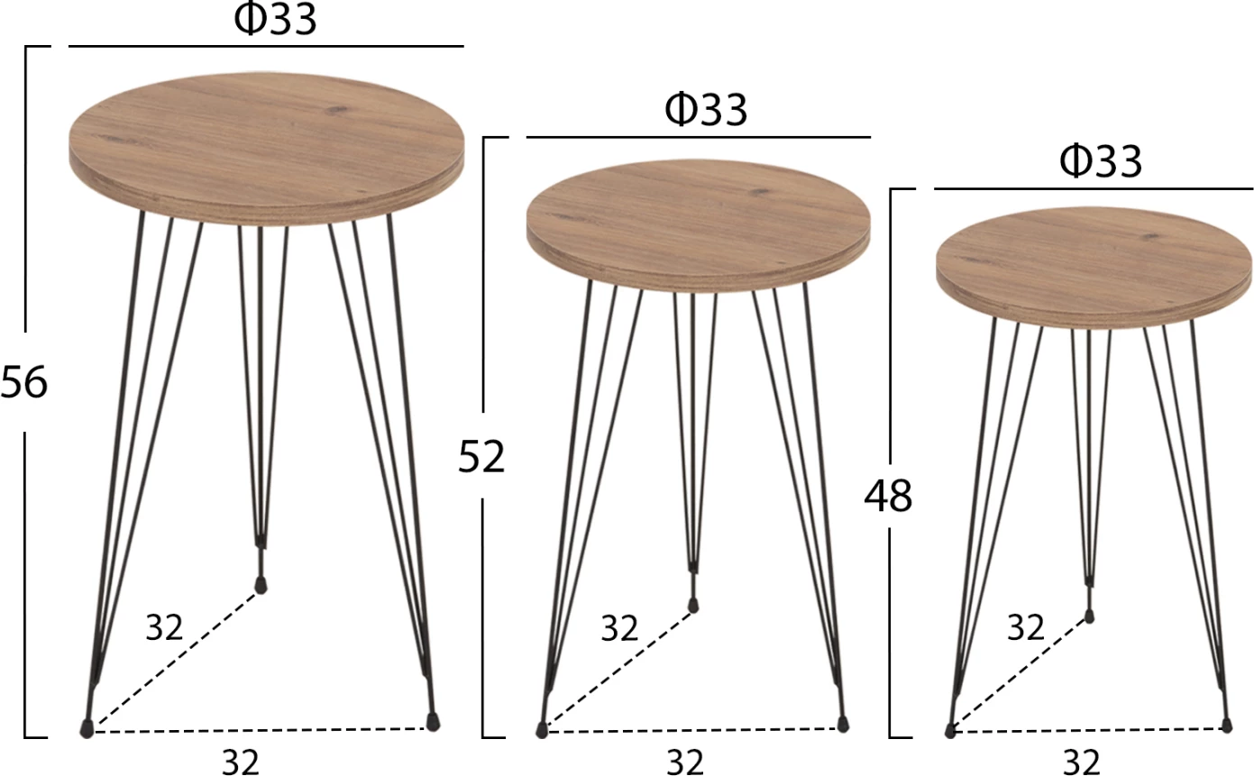 Set prej 3 tavolinash anësore rrethore NISSA FH18173.04 melaminë, ngjyrë druri natyral-këmbë metali të zeza