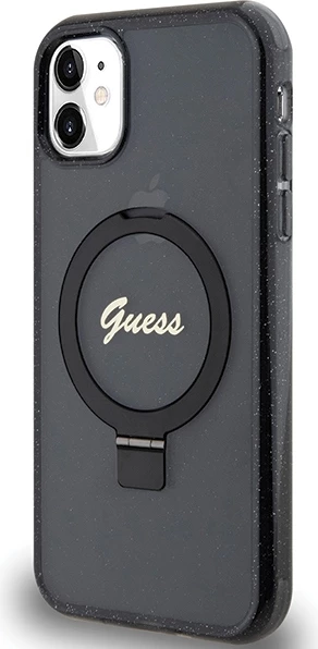 Mbështjellës Guess Ring Stand Script Glitter MagSafe për iPhone 11/XR, i zi