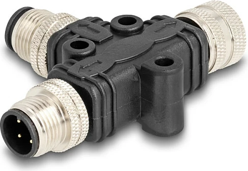 Splitter kabllo DeLOCK M12 T A-coded 4-pin, 2x mashkull + 1x femër, i zi