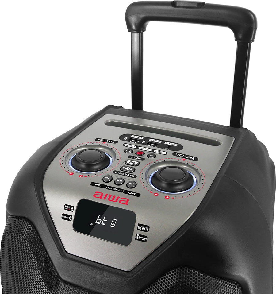 Altoparlant portativ Bluetooth Aiwa KBTUS-500, 50W RMS, 10\" woofer, karaoke me mikrofon VHF + telekomandë, i zi