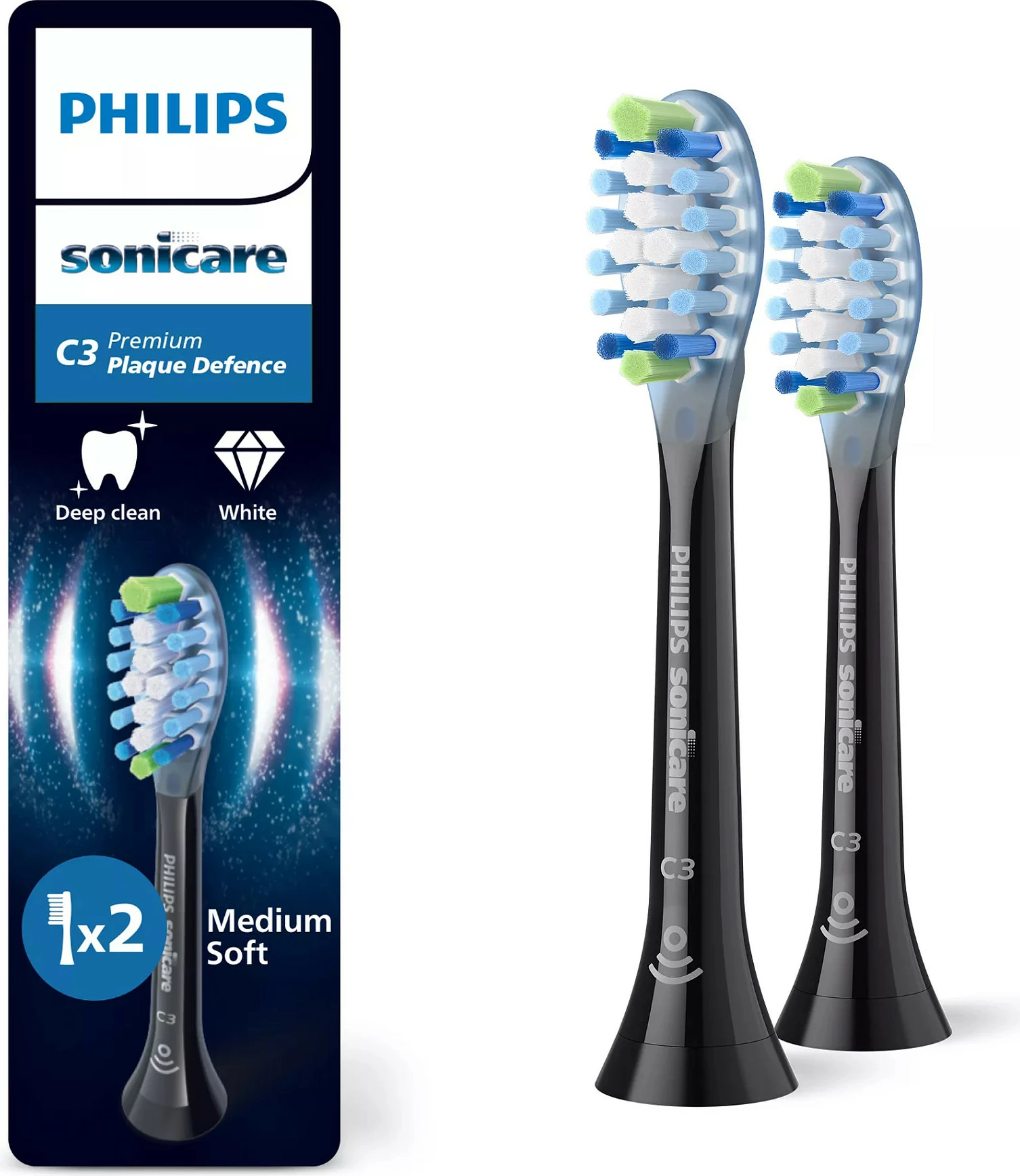 Kokë furçe elektrike Philips Sonicare C3 Premium Plaque Defense HX9042/88, 2 copë, medium, e zezë