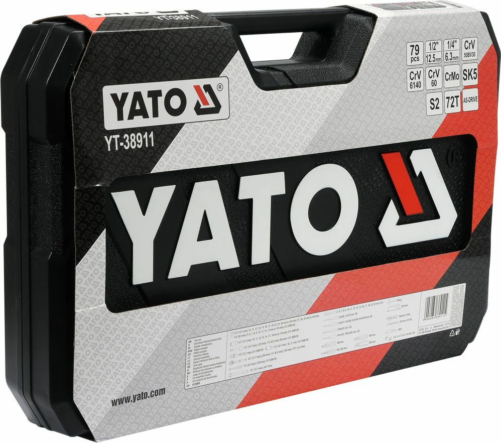 Set veglash Yato YT-38911 79 copë 1/2\" & 1/4\", në valixhe plastike, kuqe/zi