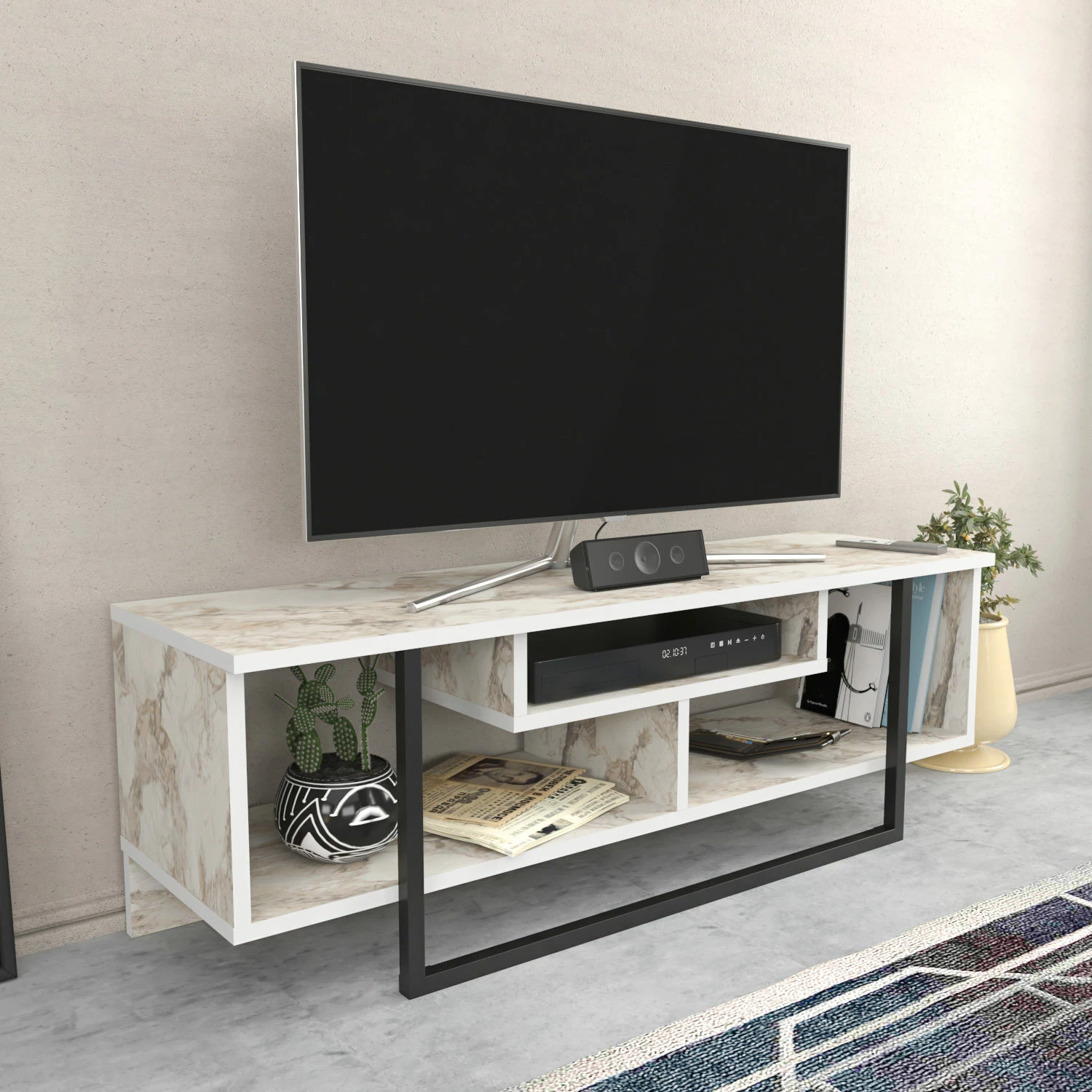 Komodinë TV Skye Decor, Asal 120, e zezë dhe e bardhë