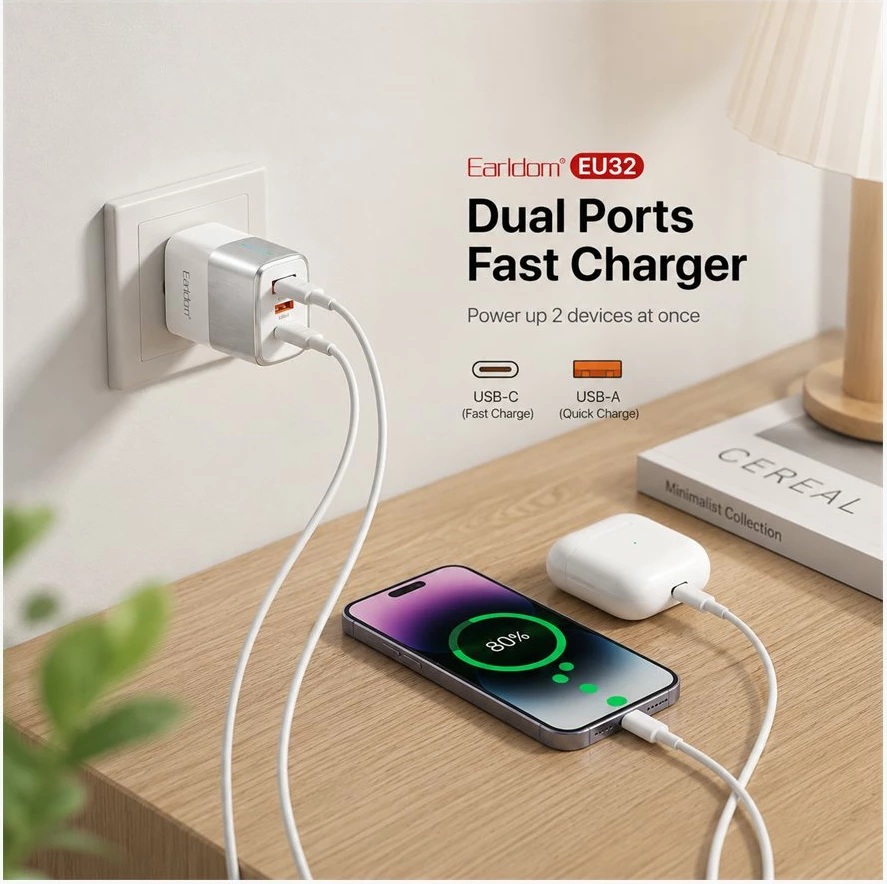 Karikues Earldom EU32 38W PD/QC me USB-C dhe USB-A, EU Plug