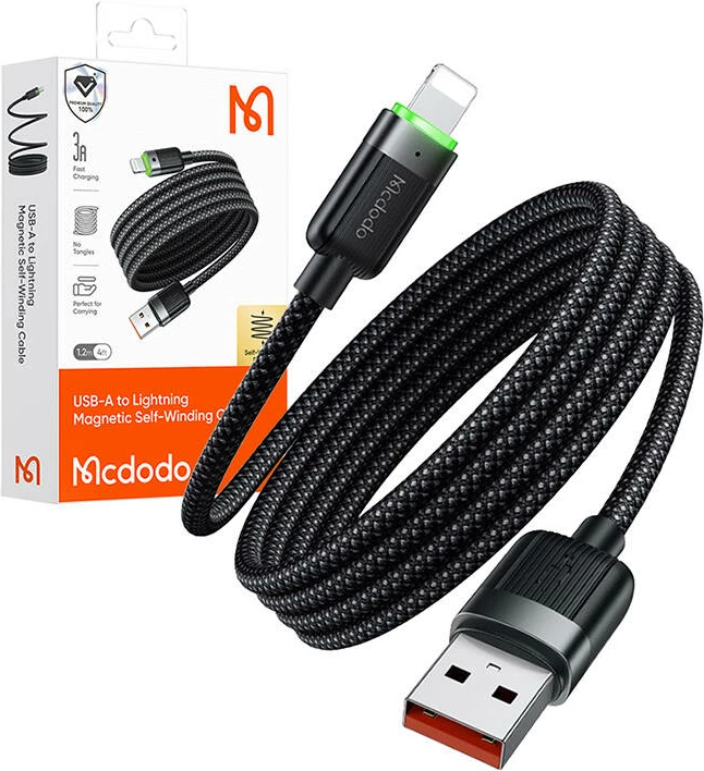 Kabllo Mcdodo CA-6000 USB-A në Lightning, 1.2m, 3A, vetëmbështjellëse, e zezë