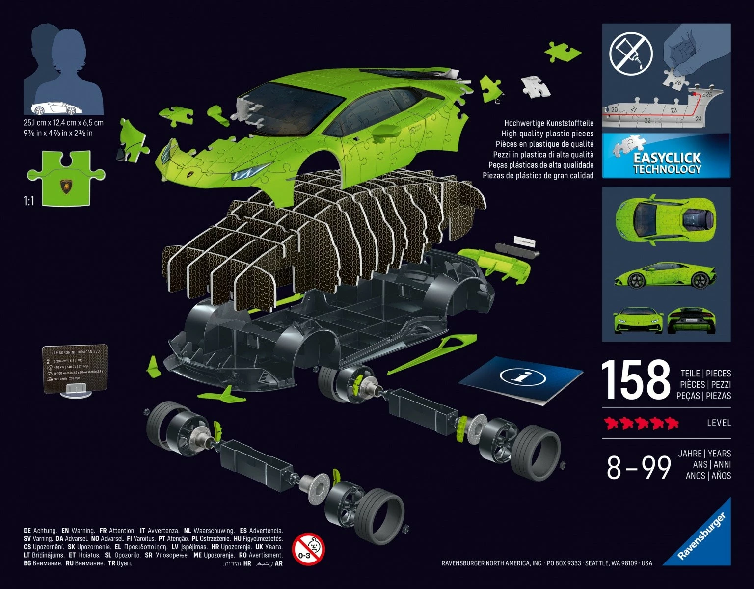 Puzzle 3D Ravensburger Lamborghini Huracan EVO, 158 pjesë, Gjelbër