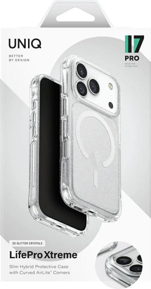 Mbështjellës UNIQ LifePro Xtreme Magclick Charging për iPhone 17 Pro, MagClick për karikim pa kabllo, TPU/PC, ultra i hollë, Transparent me glitter
