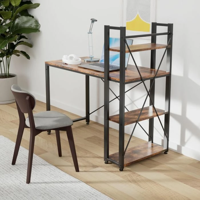 Tavolinë zyre VASAGLE LWD48XV1 120×60×75 cm, stil industrial, me rafte anësore, kafe rustike/zezë