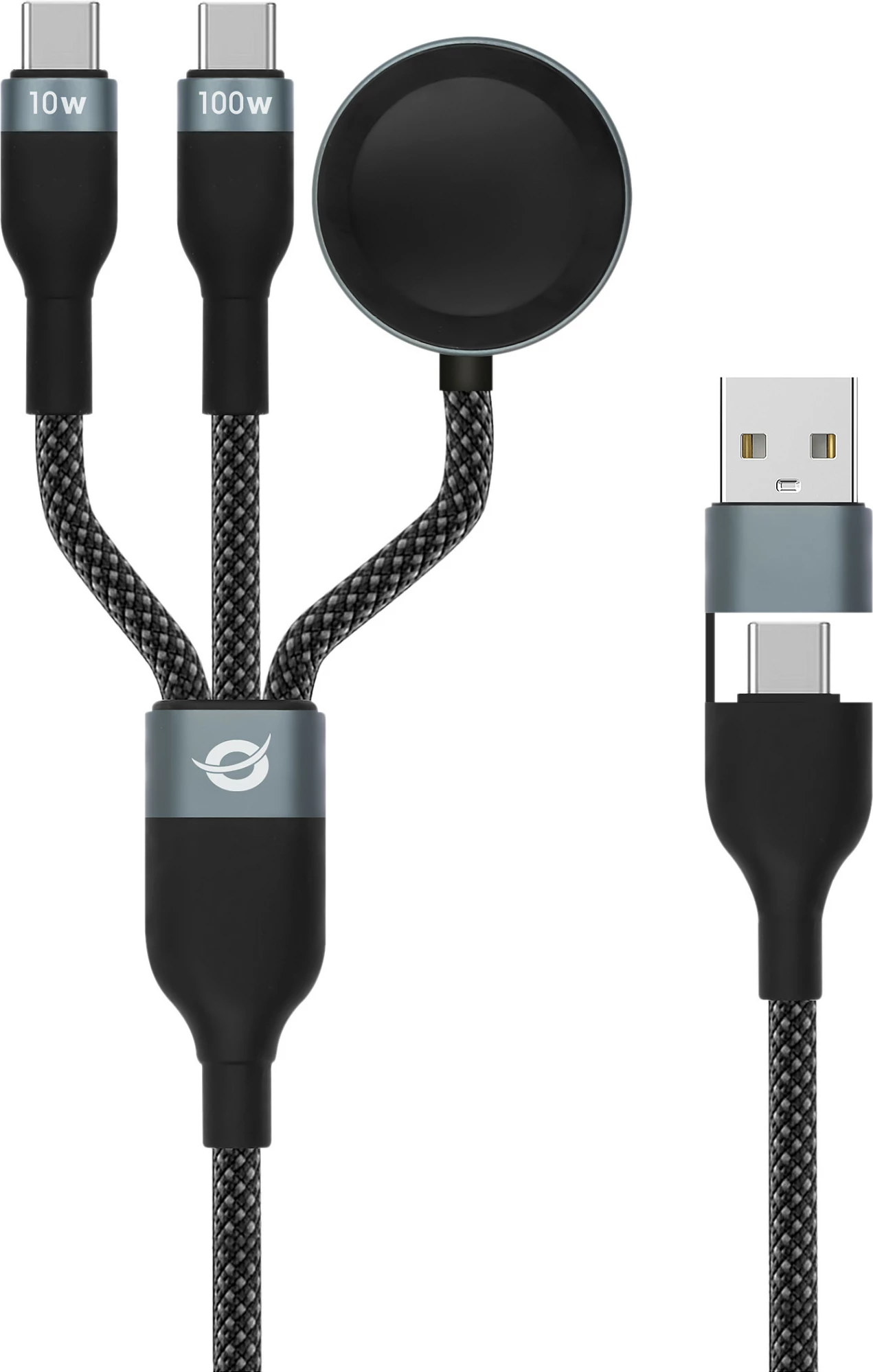 Kabllo karikimi dhe të dhënash Conceptronic ETTA08B15 3-në-1, 100W PD, 1.5m, USB-A në 2x USB-C + karikues Apple Watch, e zezë