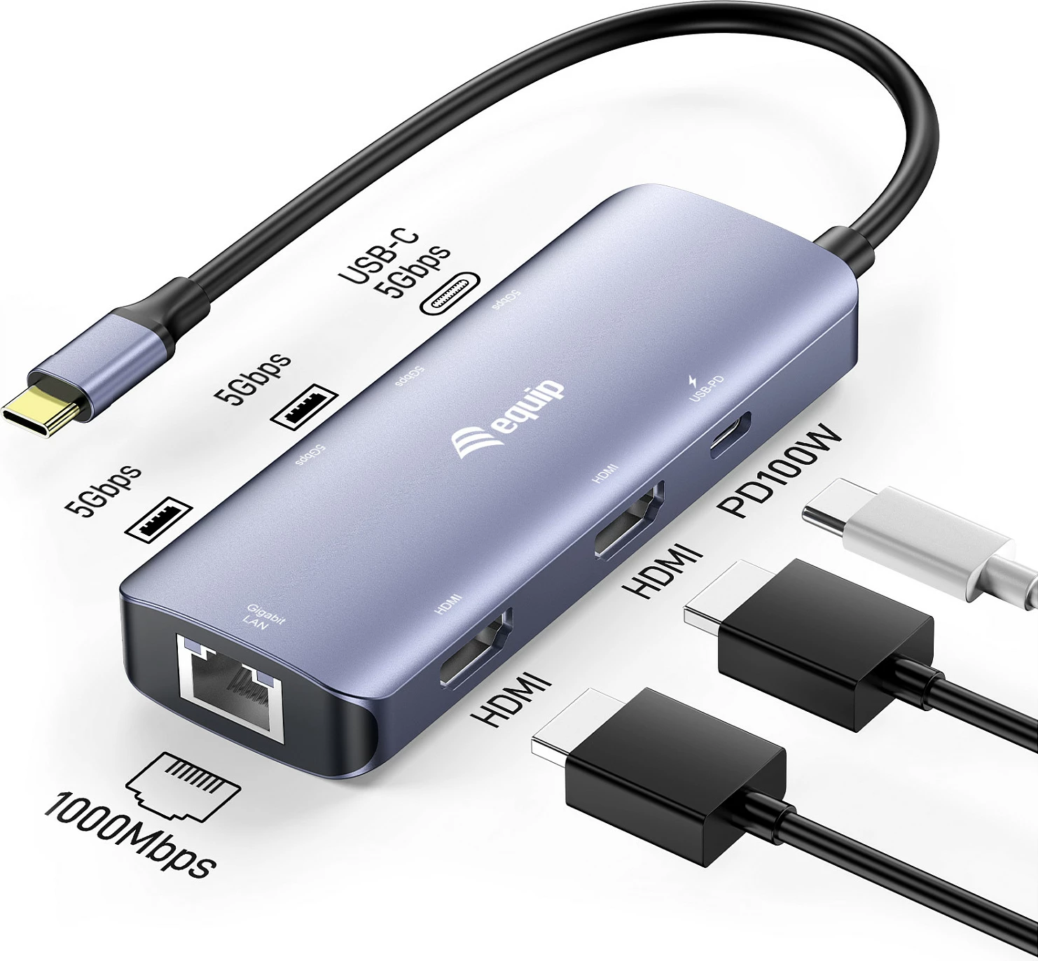Adapter multiport USB-C EQUIP, 2x HDMI, RJ45, 2x USB-A, USB-C 3.2, gri