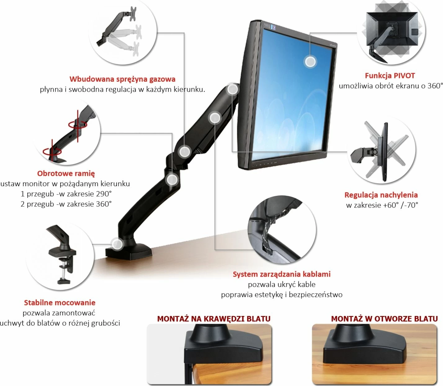 Mbajtës tavoline për monitor Art L-11GD 13"-27", VESA 75x75/100x100, gas spring, i zi