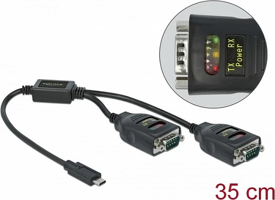 Adapter DeLOCK USB Type-C në 2x Serial RS-232 DB9, 0.35m, i zi