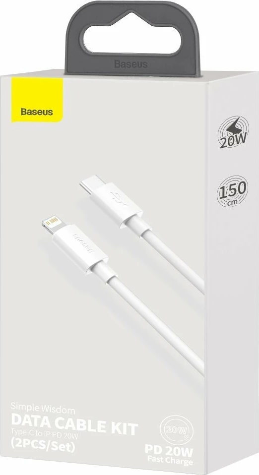 Set kabllo Baseus Simple Wisdom Data Cable Kit, USB-C në Lightning, 1.5m, 20W, Bardhë, 2 copë