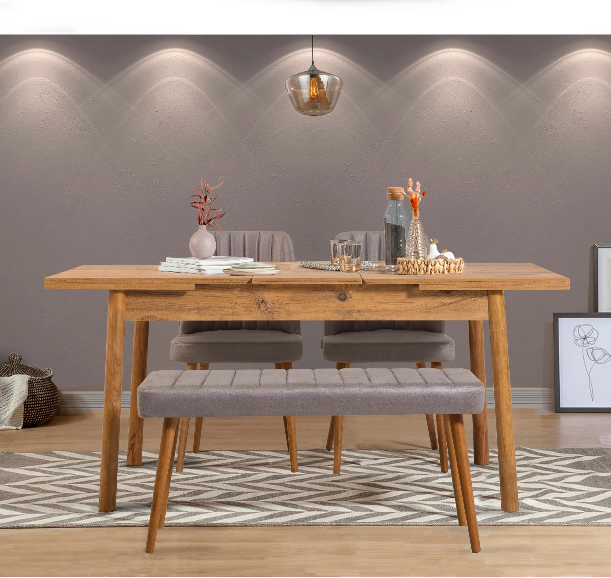 Set tavolinë me karrige për ngrënie, zgjatës, 4 pjesë, Skye Decor, ngjyrë pishë Atlantike, Soho gri