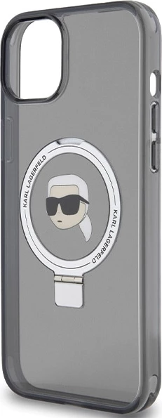 Mbështjellës Karl Lagerfeld Ring Stand Karl Head MagSafe për iPhone 15 Plus / 14 Plus, i zi