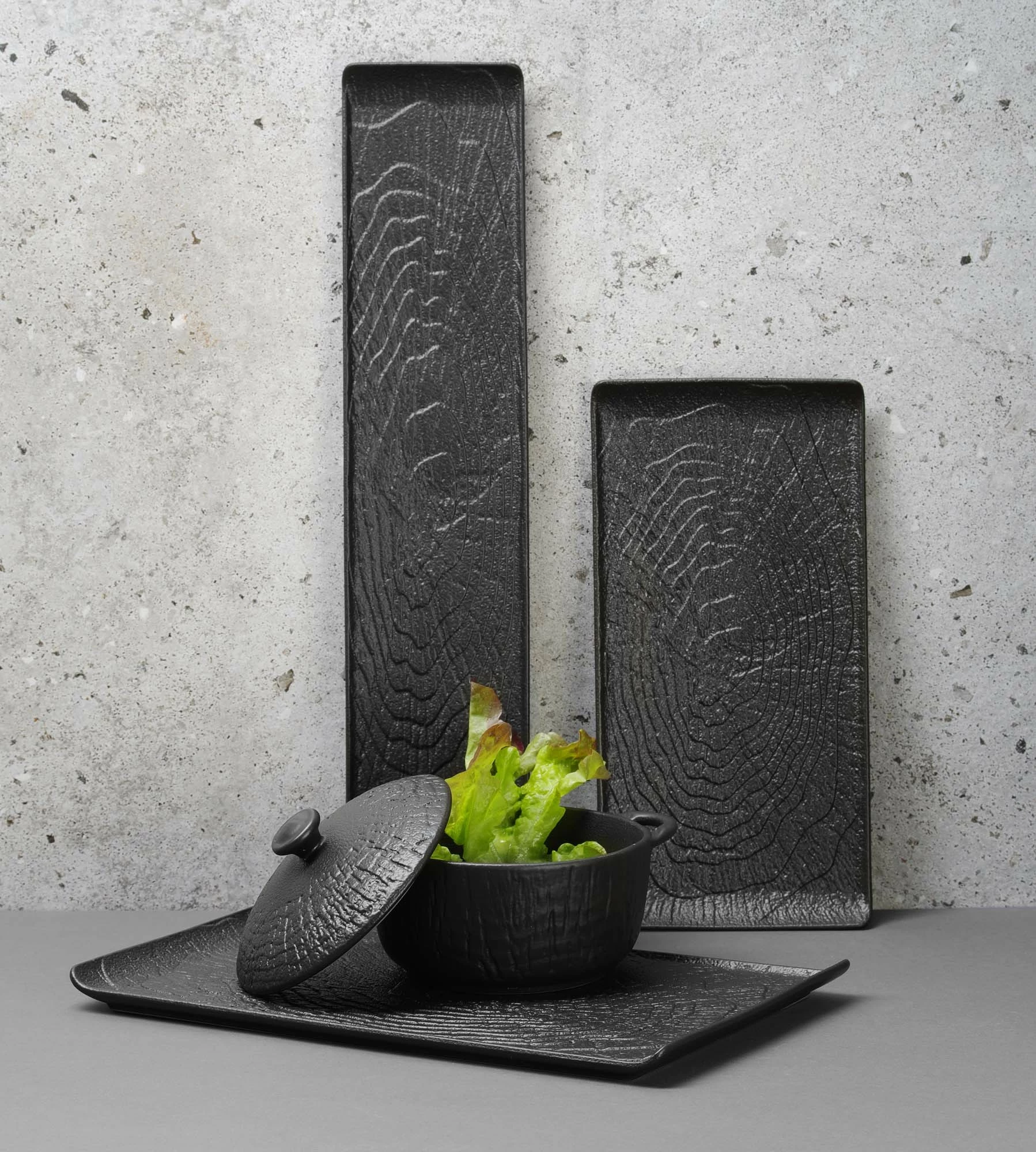 Pjatë drejtkëndore Fine Dine Crust 295x148 mm, porcelan, e zezë, set 3 copë