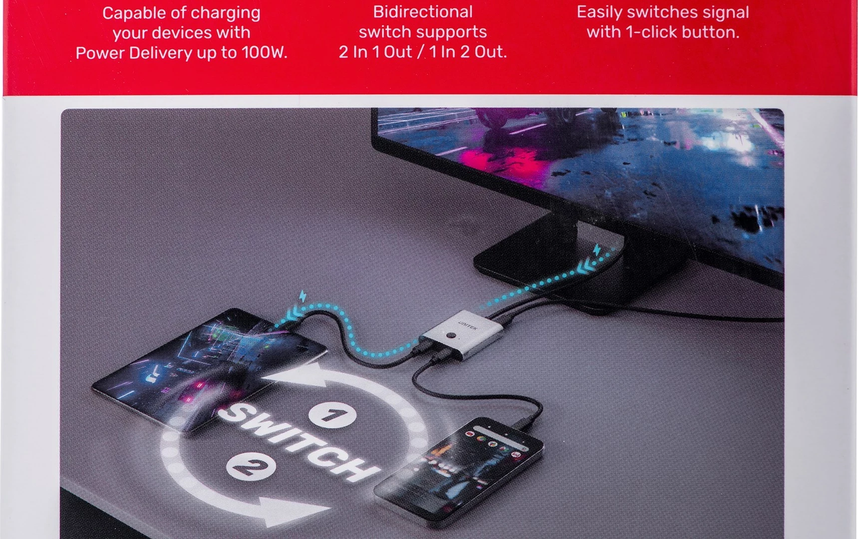 Switch UNITEK dy-drejtimësh USB-C, 2 në 1, 4K, i zi