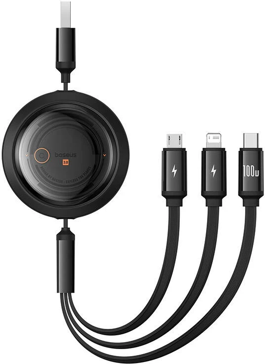 Kabllo 3-në-1 Baseus Free2Draw, 1.1m, 100W, USB në Micro+Lightning+USB-C, e zezë