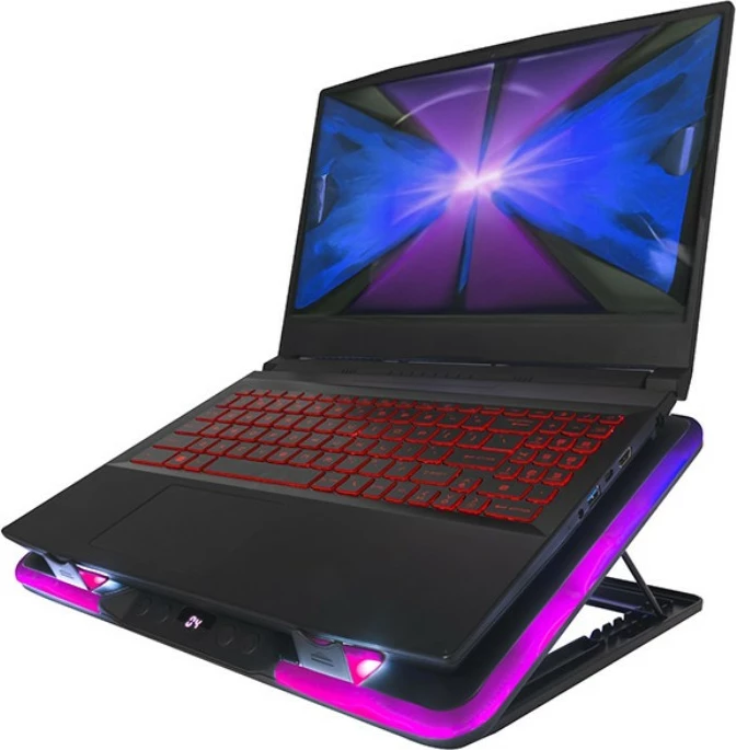 Bazë ftohëse laptopi, Tracer, GameZone Snowman PRO TRASTA47590, për 17.3 inch, 2 ventilatorë 90 mm 1350 RPM, 6 nivele rregullimi, ekran shpejtësie, RGB, 2x USB, e zezë