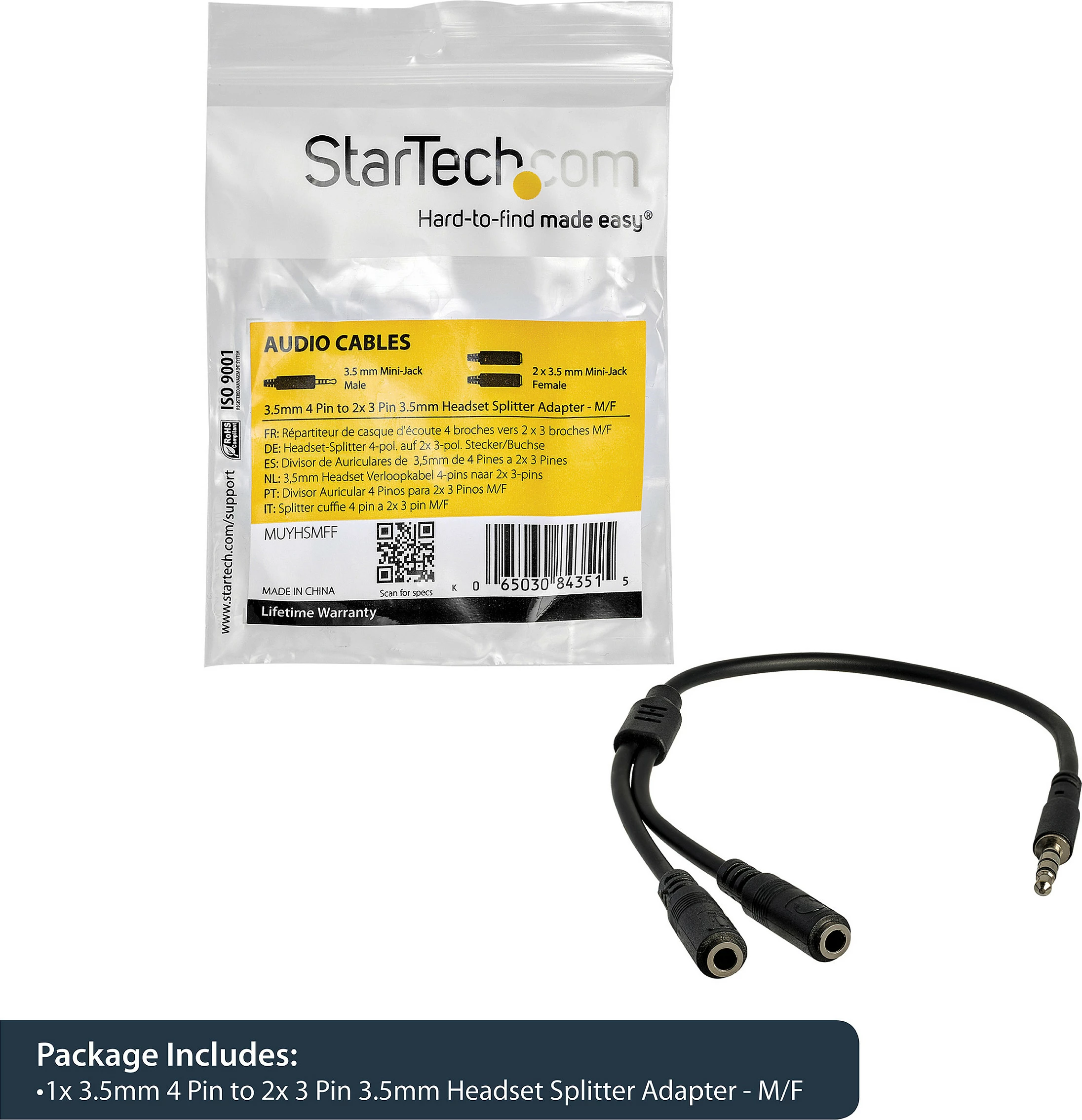 Adapter kufje StarTech MUYHSMFF, 3.5mm (4-pin) në 2x 3.5mm (audio + mikrofon), 0.2m, i zi